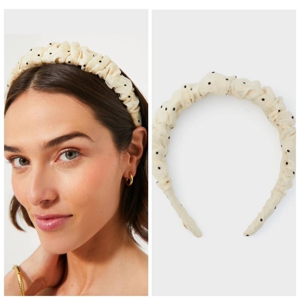 New Lele Sadoughi Kelly Ruched Cream Polka Dot Headband NWT